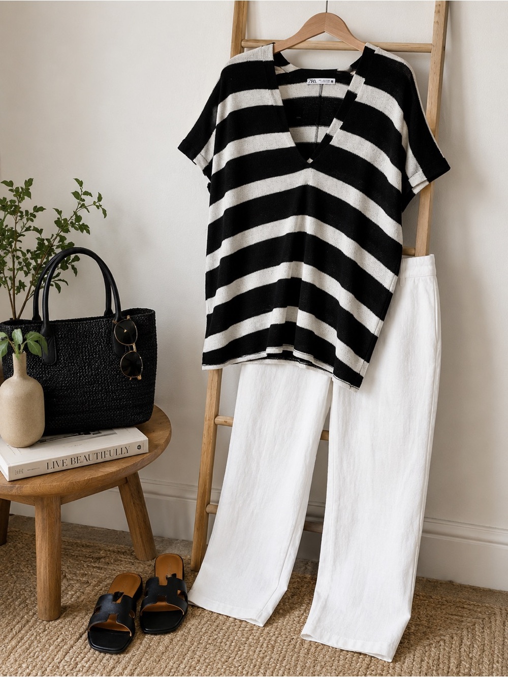 Zara Black White Striped Oversized V Neck Knit Top Size L Relaxed Dolman